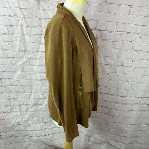 dana buchman faux suede draped open front cardigan sz large rich camel tan brown - Picture 2 of 9
